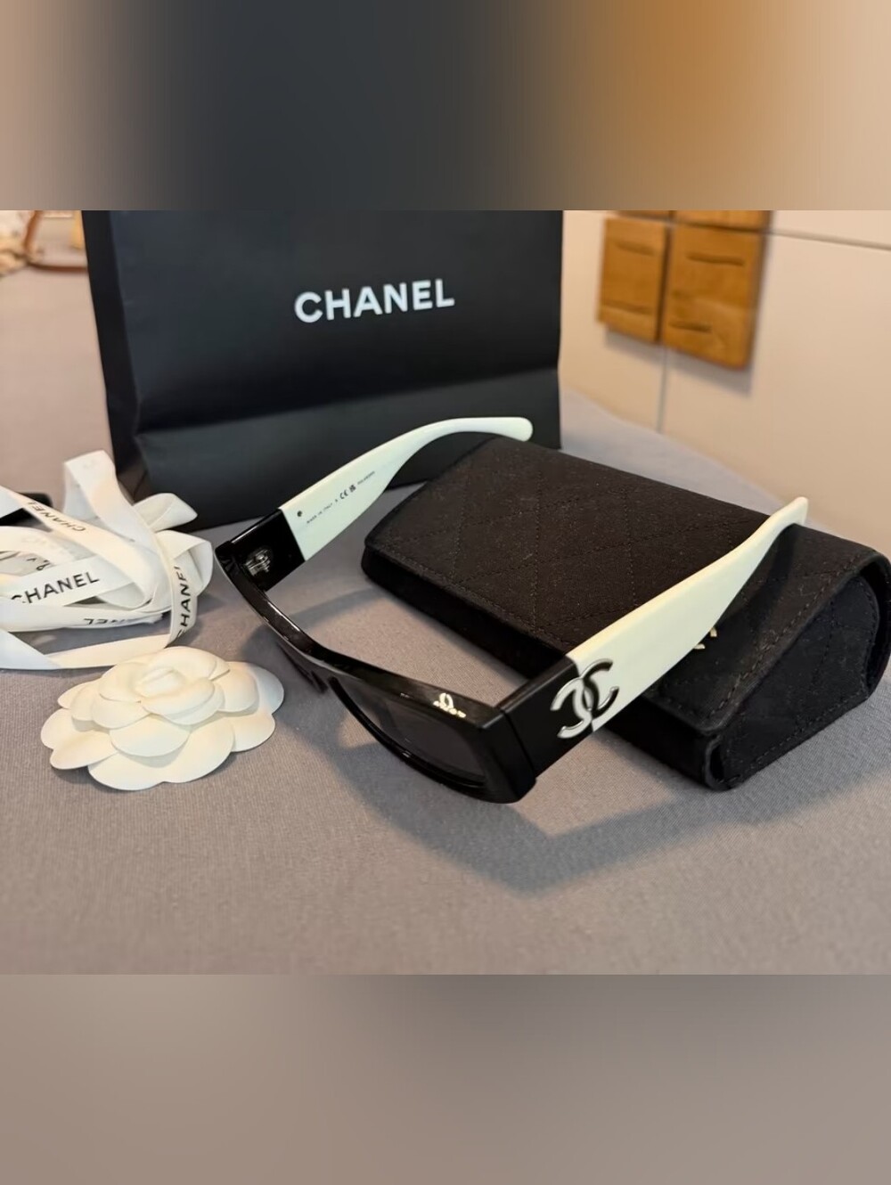 Chanel Black & White Rectangular Logo Sunglasses